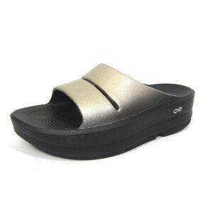 OOFOS Womens Size 9 OOAHH Luxe Platform Slide 2" Heel Latte Metallic Bronze